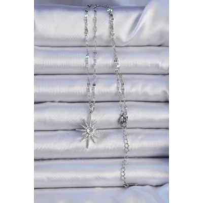 BUĞZ 316L Çelik Zincir Gümüş Renk Zirkon Taşlı Kutup Yıldızı Kolye - Lisinya