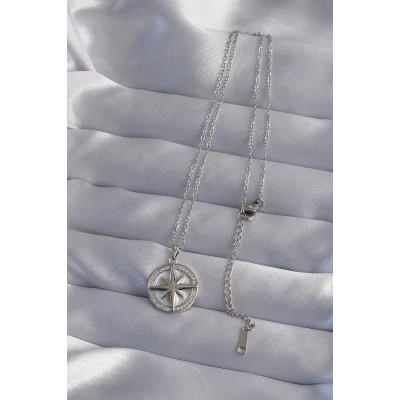 BUĞZ 316L Çelik Zincir Gümüş Renk Zirkon Taşlı Kutup Yıldızı Kolye - Lisinya