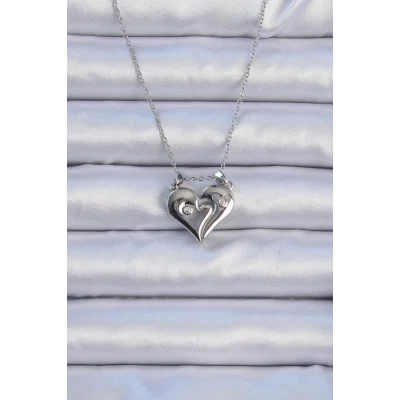 BUĞZ 316L Çelik Zincir Gümüş Renk Zirkon Taşlı Mıknatıslı Kalp Kolye