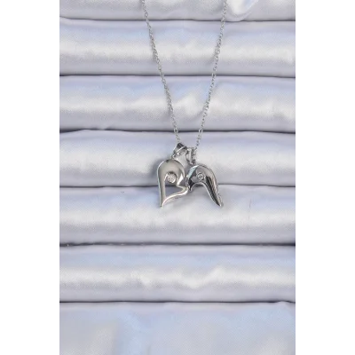 BUĞZ 316L Çelik Zincir Gümüş Renk Zirkon Taşlı Mıknatıslı Kalp Kolye - Lisinya