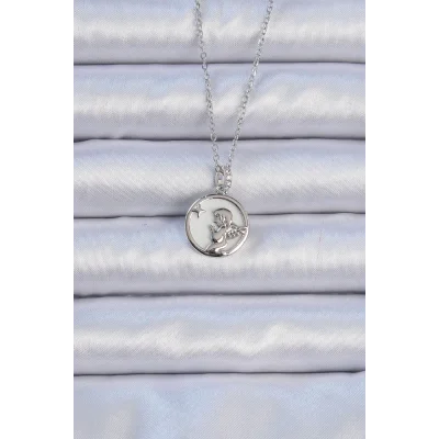 BUĞZ 316L Çelik Zincir Gümüş Renk Zirkon Taşlı Mineli Melek Kolye