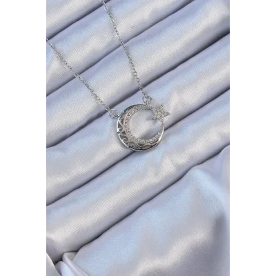 BUĞZ 316L Çelik Zincir Gümüş Renk Zirkon Taşlı Motifli Ay Yıldız Kolye