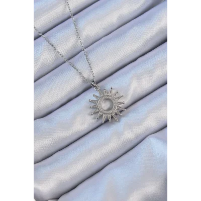 BUĞZ 316L Çelik Zincir Gümüş Renk Zirkon Taşlı Parlayan Güneş Kolye