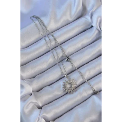 BUĞZ 316L Çelik Zincir Gümüş Renk Zirkon Taşlı Parlayan Güneş Kolye - Lisinya