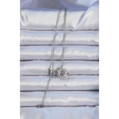 BUĞZ 316L Çelik Zincir Gümüş Renk Zirkon Taşlı Parlayan Yıldız Kolye - Lisinya