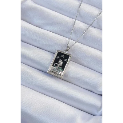BUĞZ 316L Çelik Zincir Gümüş Renk Zirkon Taşlı Siyah Mineli Kız Figürlü Tarot Kolye