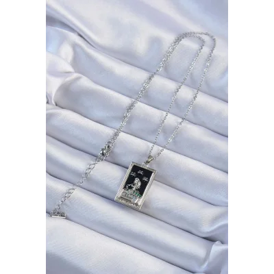 BUĞZ 316L Çelik Zincir Gümüş Renk Zirkon Taşlı Siyah Mineli Kız Figürlü Tarot Kolye - Lisinya