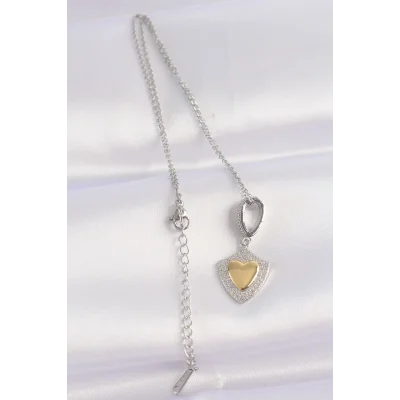 BUĞZ 316L Çelik Zincir Gümüş Renk Zirkon Taşlı Tasarım Altın Renk Kalp Kolye - Lisinya