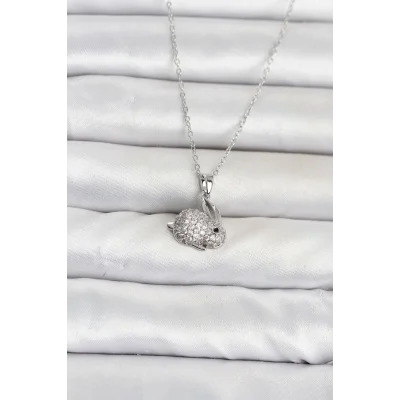 BUĞZ 316L Çelik Zincir Gümüş Renk Zirkon Taşlı Tavşan Model Kadın Kolye