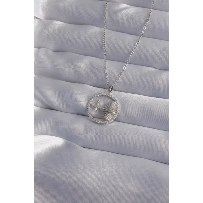 BUĞZ 316L Çelik Zincir Gümüş Renk Zirkon Taşlı Yıldız Figürlü Oval Kolye