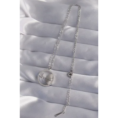 BUĞZ 316L Çelik Zincir Gümüş Renk Zirkon Taşlı Yıldız Figürlü Oval Kolye - Lisinya