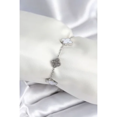 BUĞZ 316L Çelik Zincir Gümüş Renk Zirkon Taşlı Yonca Beyaz Kadın Bileklik