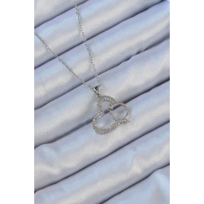 BUĞZ 316L Çelik Zincir Gümüş Renk Zirkon Taşlı Yüzüklü Kalp Kolye