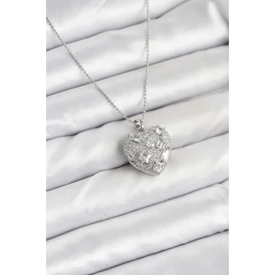 BUĞZ 316L Çelik Zincir Gümüş Zirkon Taşlı Kalpli Kadın Kolye
