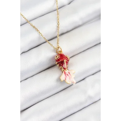 BUĞZ 316L Çelik Zincir Kırmızı Balık Model Gold Renk Kadın Kolye