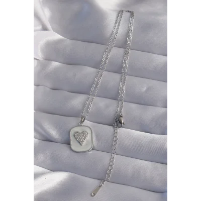 BUĞZ 316L Çelik Zincir Mermer Desenli Gümüş Renk Zirkon Taşlı Kalp Model Kolye - Lisinya