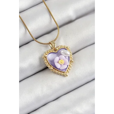 BUĞZ 316L Çelik Zincir Mor Sanatsal Portre İnci Detaylı Papatya Figürlü Kalp Model Gold Renk Kadın Kolye