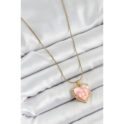 BUĞZ 316L Çelik Zincir Pembe Sanatsal Portre İnci Detaylı Papatya Figürlü Kalp Model Gold Renk Kadın Kolye - Lisinya