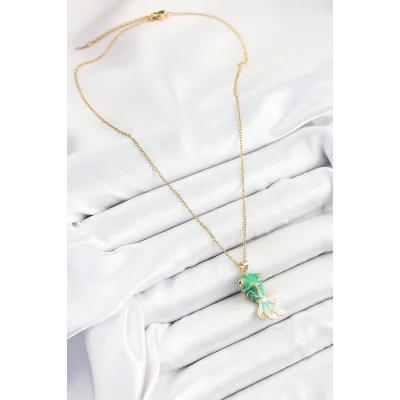 BUĞZ 316L Çelik Zincir Yeşil Balık Model Gold Renk Kadın Kolye - BUĞZ