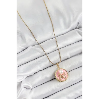 BUĞZ 316L Çelik Zincir Zirkon Taşlı Pembe Sanatsal Portre İnci Detaylı Kelebek Model Gold Renk Kadın Kolye - BUĞZ