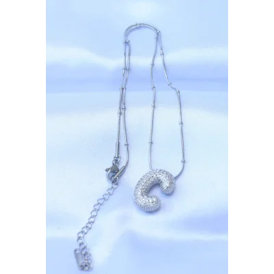 BUĞZ 316L Çelik Zincirli Zirkon Taşlı C Harfli Gümüş Renk Bubble Kolye - Lisinya