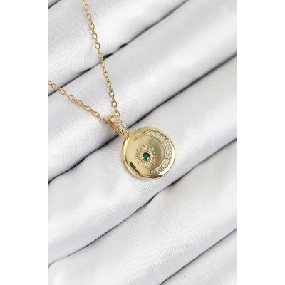 BUĞZ 316L Çelik Zirkon Taşlı Ay Ve Güneş Model Gold Renk Kadın Kolye