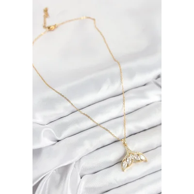 BUĞZ 316L Çelik Zirkon Taşlı Balık Kuyruğu Model Gold Renk Kadın Kolye - Lisinya