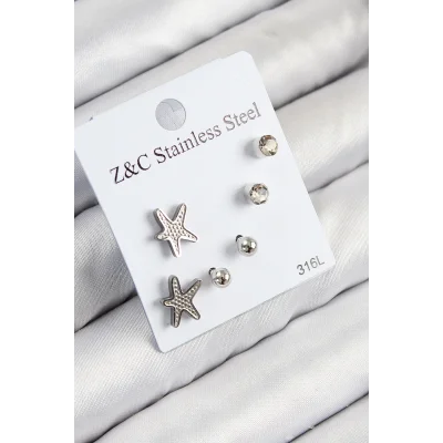 BUĞZ 316L Çelik Zirkon Taşlı Deniz Yıldızı Model Gümüş Renk Kadın Set Küpe