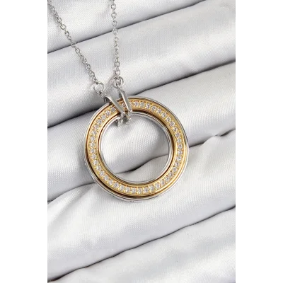 BUĞZ 316L Çelik Zirkon Taşlı Dönen Daire Model Gold Ve Gümüş Renk Kadın Kolye
