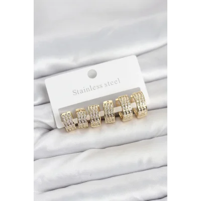 BUĞZ 316L Çelik Zirkon Taşlı Gold Halka Küpe Seti