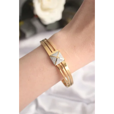 BUĞZ 316L Çelik Zirkon Taşlı Gold Renk Kadın Kelepçe Bilezik - Lisinya