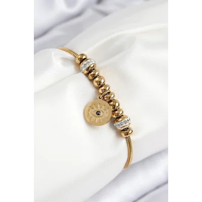BUĞZ 316L Çelik Zirkon Taşlı Göz Charm Model Gold Renk Kadın Bileklik