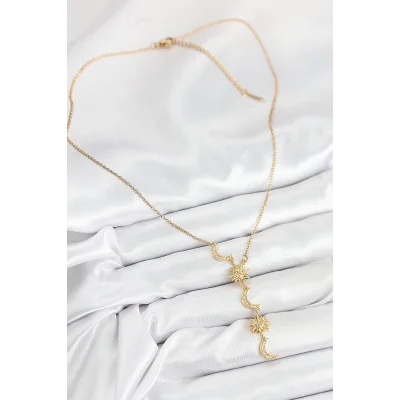 BUĞZ 316L Çelik Zirkon Taşlı Güneş Ve Ay Model Gold Renk Kadın Kolye - Lisinya