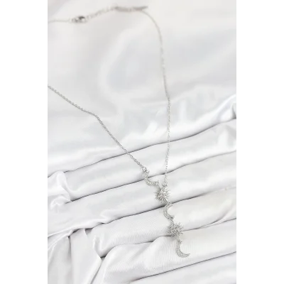 BUĞZ 316L Çelik Zirkon Taşlı Güneş Ve Ay Model Gümüş Renk Kadın Kolye - Lisinya