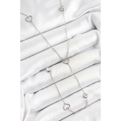 BUĞZ 316L Çelik Zirkon Taşlı Kalp Figürlü Y Model Gümüş Renk Kadın Kolye