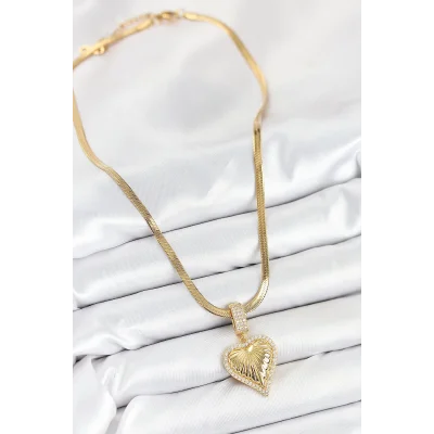 BUĞZ 316L Çelik Zirkon Taşlı Kalp Model Gold Renk Kadın Kolye - Lisinya