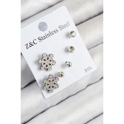 BUĞZ 316L Çelik Zirkon Taşlı Kar Tanesi Model Gümüş Renk Kadın Set Küpe