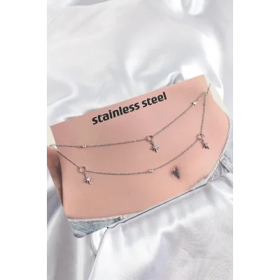 BUĞZ 316L Çelik Zirkon Taşlı Kutup Yıldızı Model Gümüş Renk Göbek Bel Zinciri