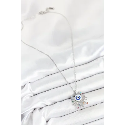 BUĞZ 316L Çelik Zirkon Taşlı Nazar Model Gümüş Renk Kadın Kolye - Lisinya