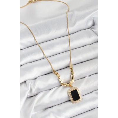 BUĞZ 316L Çelik Zirkon Taşlı Siyah Baget Model Gold Renk Kadın Kolye - Lisinya