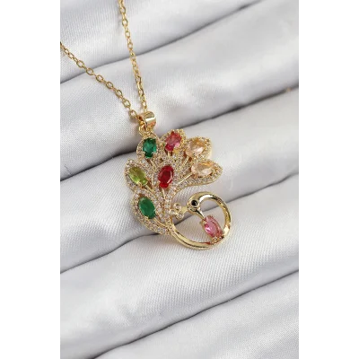 BUĞZ 316L Çelik Zirkon Taşlı Tavus Kuşu Model Gold Renk Kadın Kolye