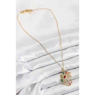 BUĞZ 316L Çelik Zirkon Taşlı Tavus Kuşu Model Gold Renk Kadın Kolye - Lisinya