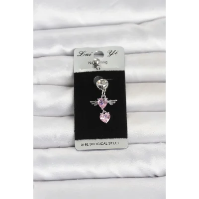 BUĞZ 316L Cerrahi Çelik Pembe Zirkon Taşlı Kanat Model Göbek Piercing