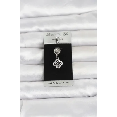 BUĞZ 316L Cerrahi Çelik Zirkon Taşlı Sallantılı Yonca Model Göbek Piercing