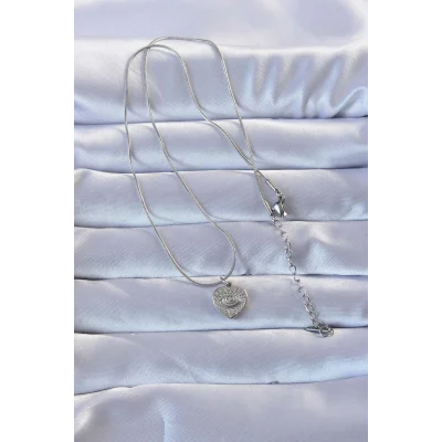 BUĞZ 316L Gümüş Renk Zirkon Taşlı İşlemeli Göz Detay Kalp Kolye - Lisinya