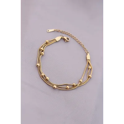 BUĞZ 316L Kararmaz Çelik Gold Renk Top Zincirli Kadın Bileklik