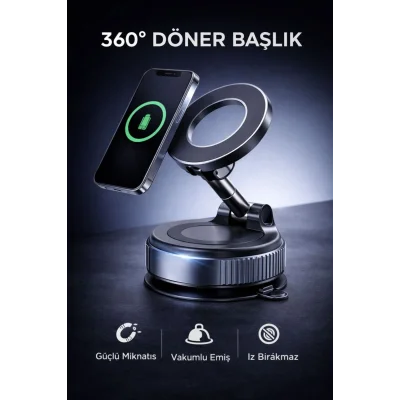 BUĞZ 360° Ayarlanabilir Vakumlu Manyetik Telefon Tutucu – Güçlü Mıknatıs, İz Bırakmaz Tasarım