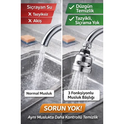 BUĞZ 360° Döner Krom 3 Fonksiyonlu Musluk Başlığı | Sıçramasız, Basınçlı ve Su Tasarruflu