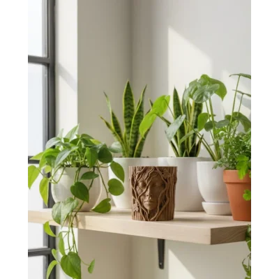 BUĞZ 3D Ağaç Gövdesi Formlu Yüz Figürlü Dekoratif Saksı Sanatsal Tasarım Vazo