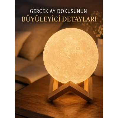 BUĞZ 3D Ay Gece Lambası Ahşap Standlı Dekoratif LED Masa Lambası